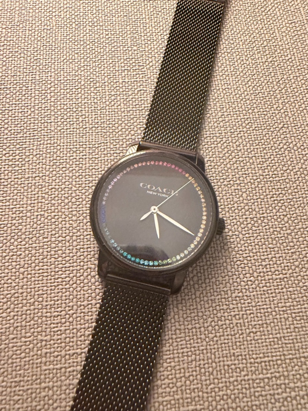 Coach Black Mesh Bracelet Watch with Rainbow Crystal Accents